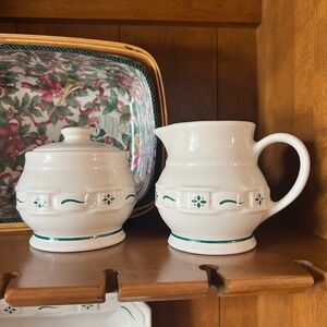 Vtg Longaberger Woven Traditions Ivy Green Cream & Lidded Sugar Bowl Set